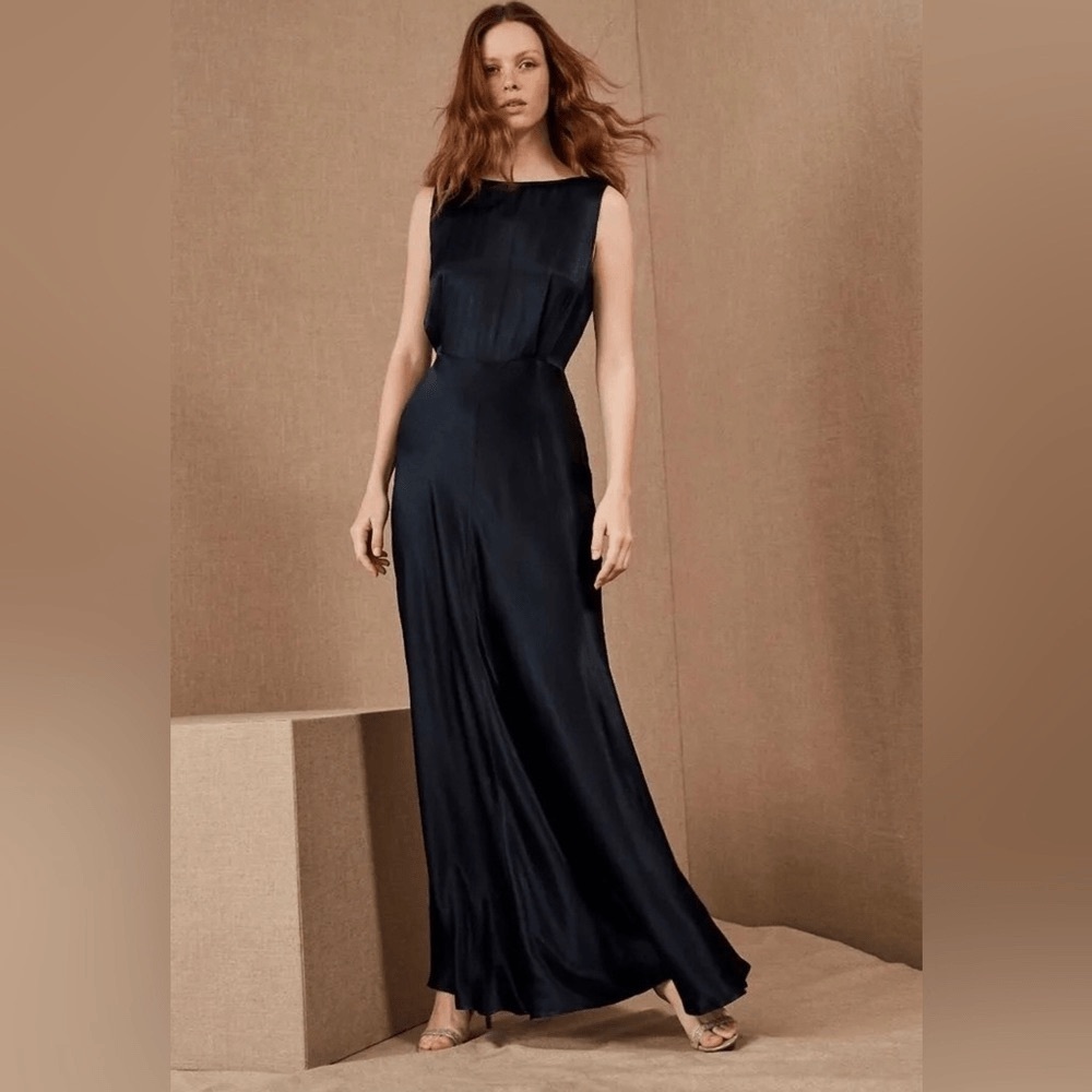 BHLDN Ghost London Alexia Gown – Midnight Blue Satin Backless Formal Dress XS